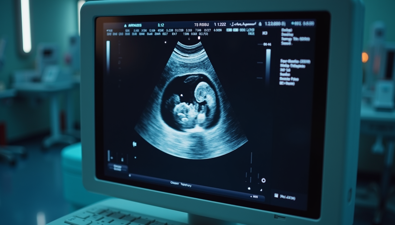 Close-up view of an ultrasound machine displaying a fetal image