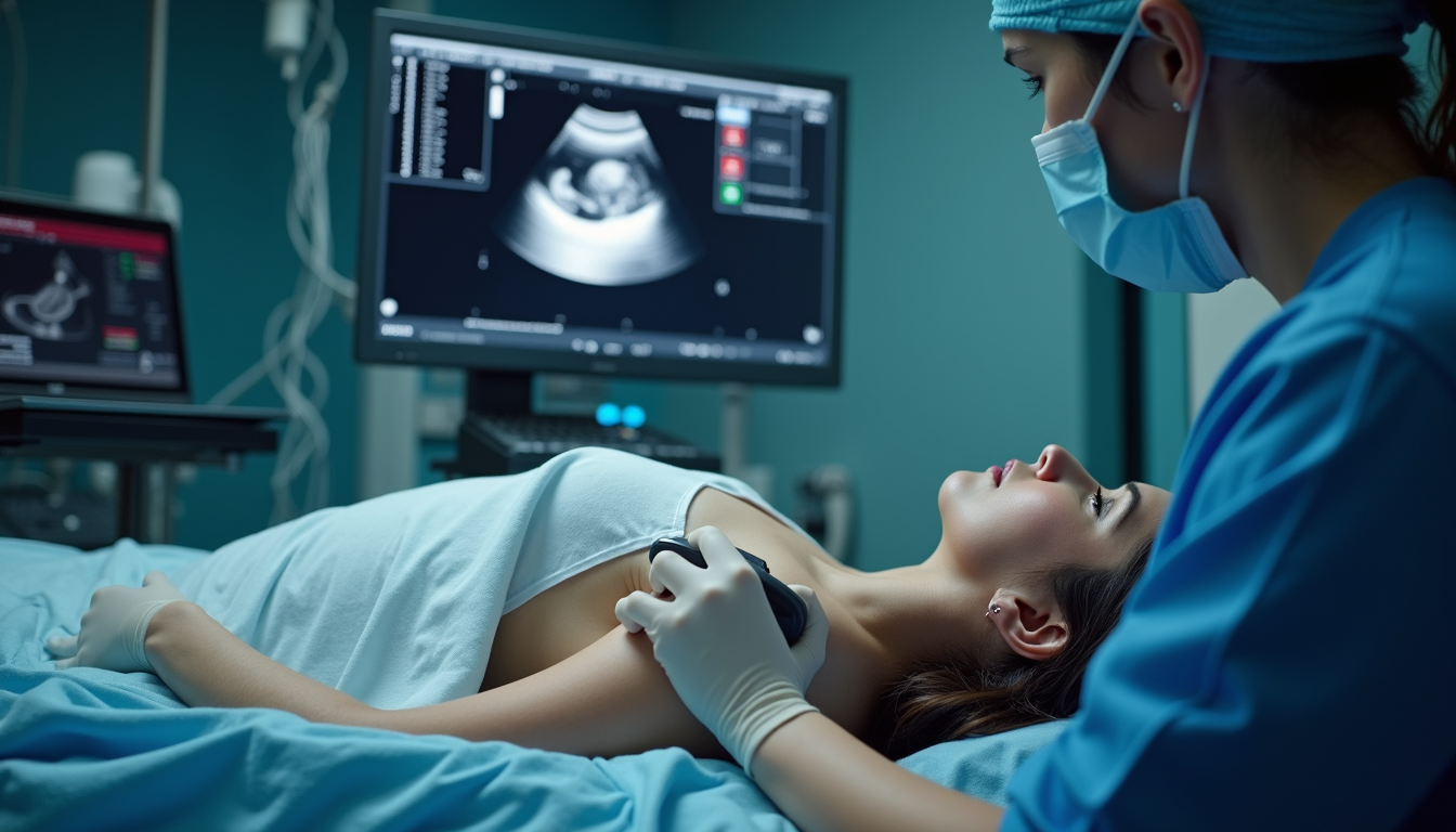 Close-up view of a technician performing an ultrasound on a patient