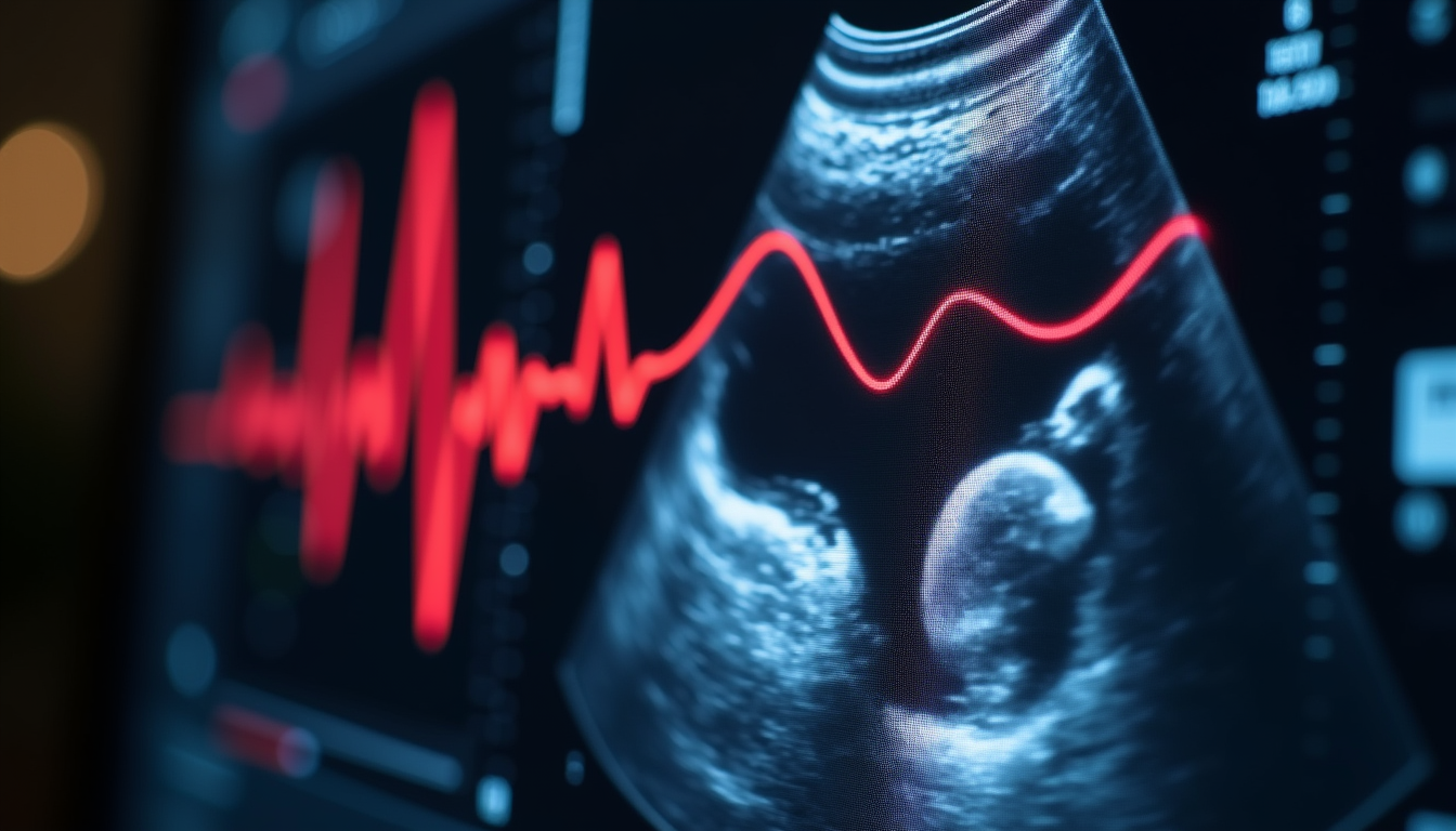 High angle view of Doppler ultrasound printout showing fetal heart rate and blood flow waveforms