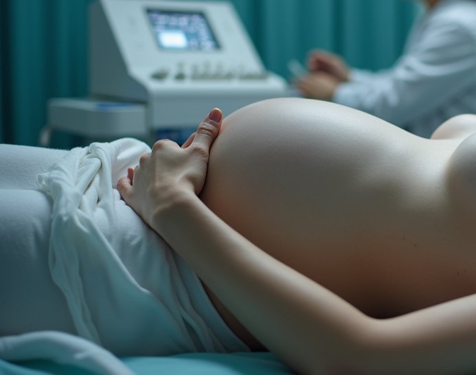 Eye-level view of a pregnant woman undergoing Doppler ultrasound scan