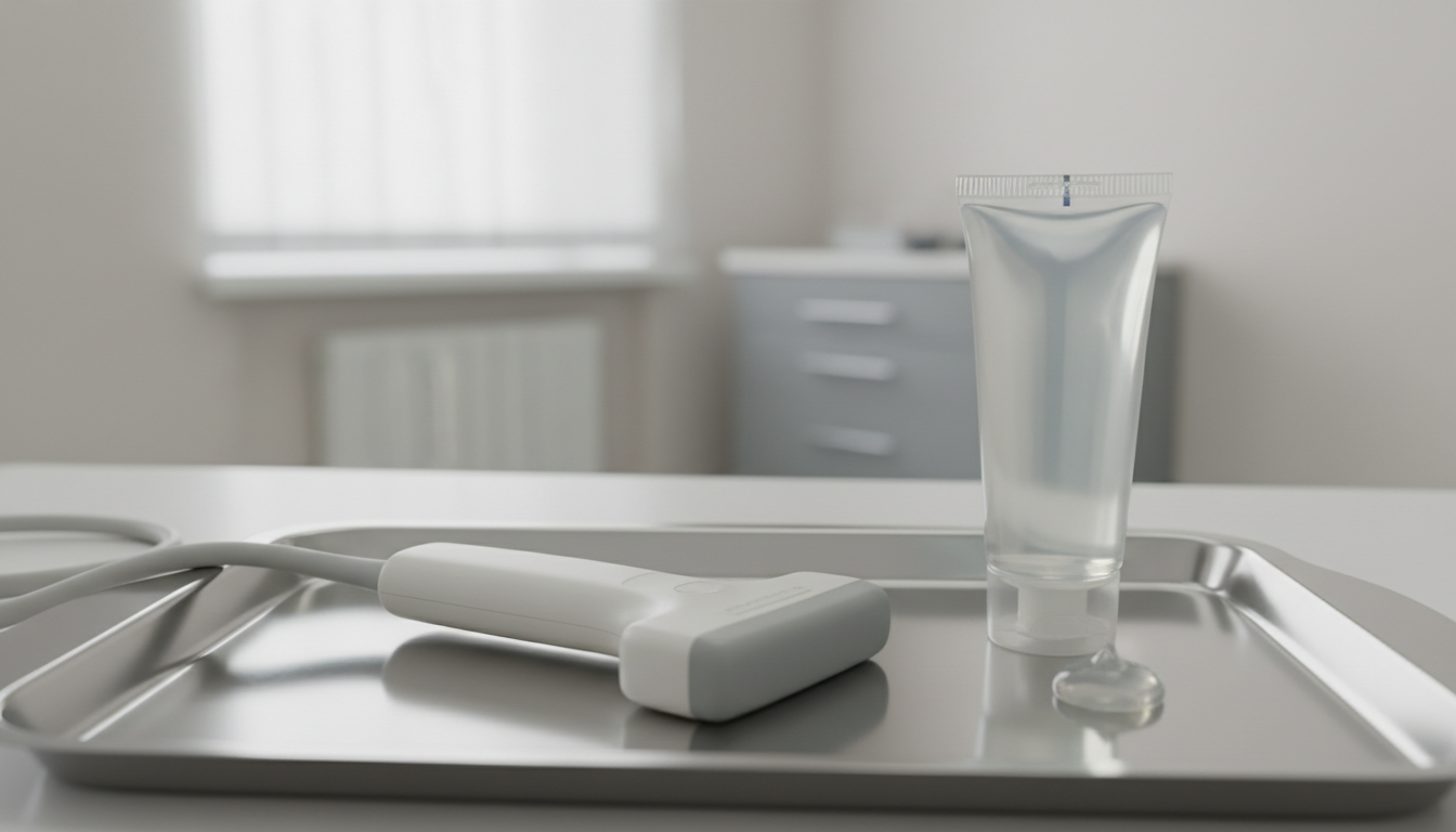 Close-up view of an ultrasound probe resting beside a tube of gel on a medical tray.