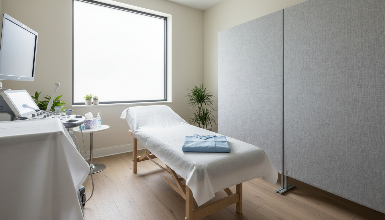 Wide-angle view of a private diagnostic room with a privacy screen and folded patient gown.