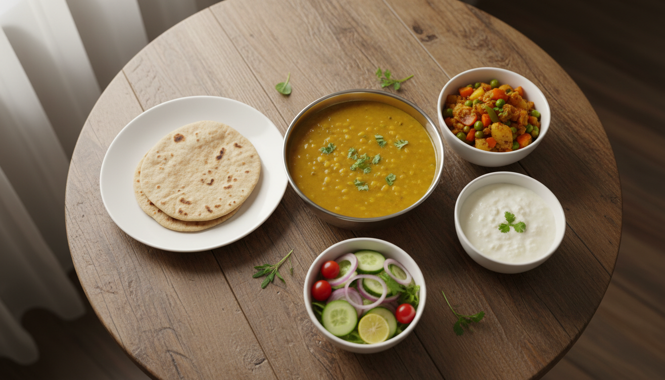 Overhead view of a balanced Indian meal with dal, vegetables, curd, and roti