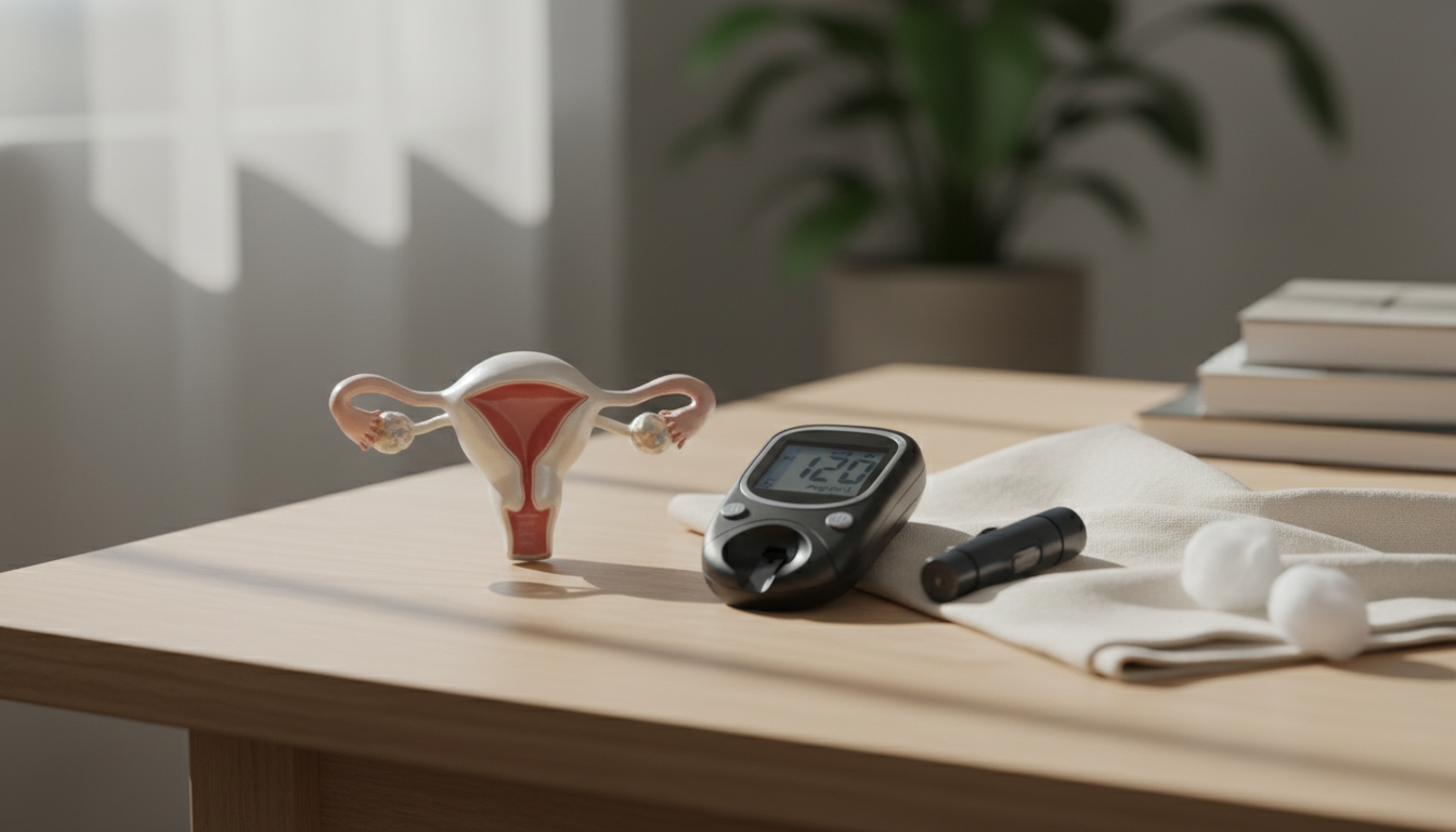 Close-up view of a simple anatomical ovary model held beside a glucose meter