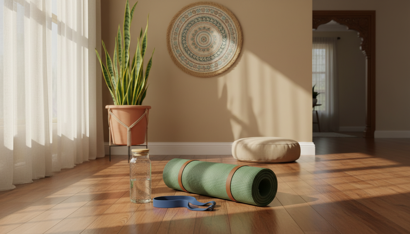 Wide-angle view of a peaceful home exercise corner with a yoga mat and water bottle